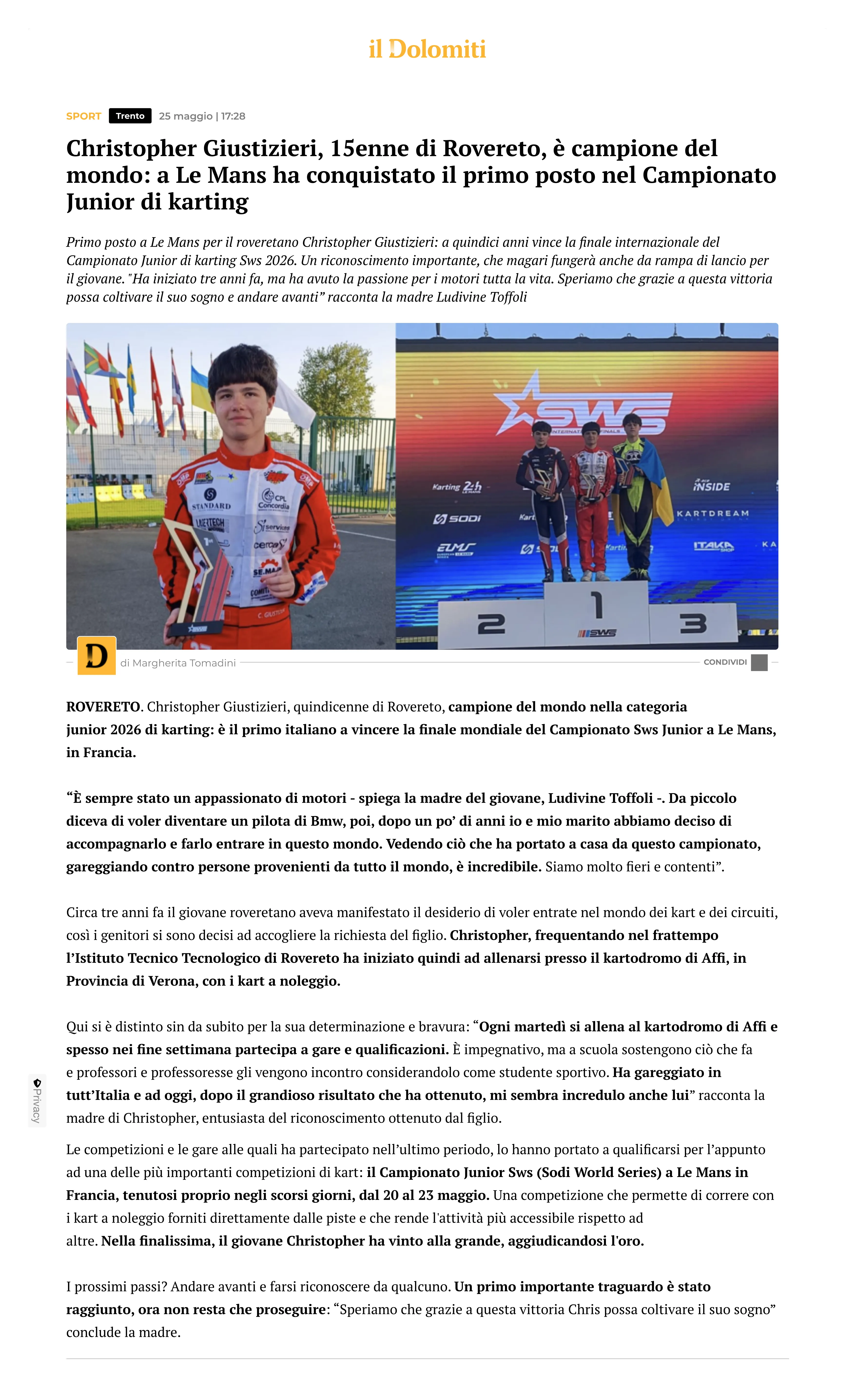 RassegnaStampa - Christopher Giustizieri 15enne di Rovereto e campione del mondo_ a Le Mans ha conquistato il primo posto nel Campionato Junior di karting il Dolomiti